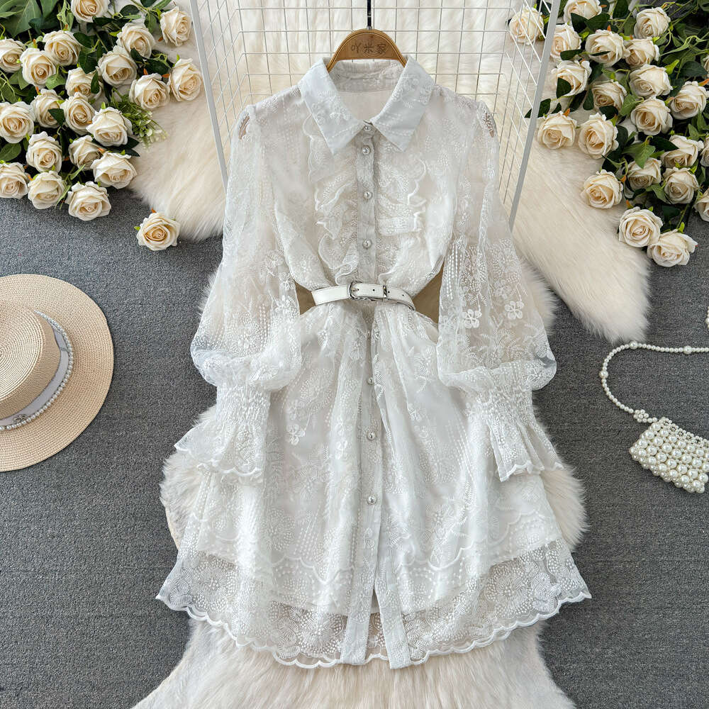 High end light luxury socialite temperament lantern long sleeved lapel waistband slimming effect single breasted A-line embroidered dress for women