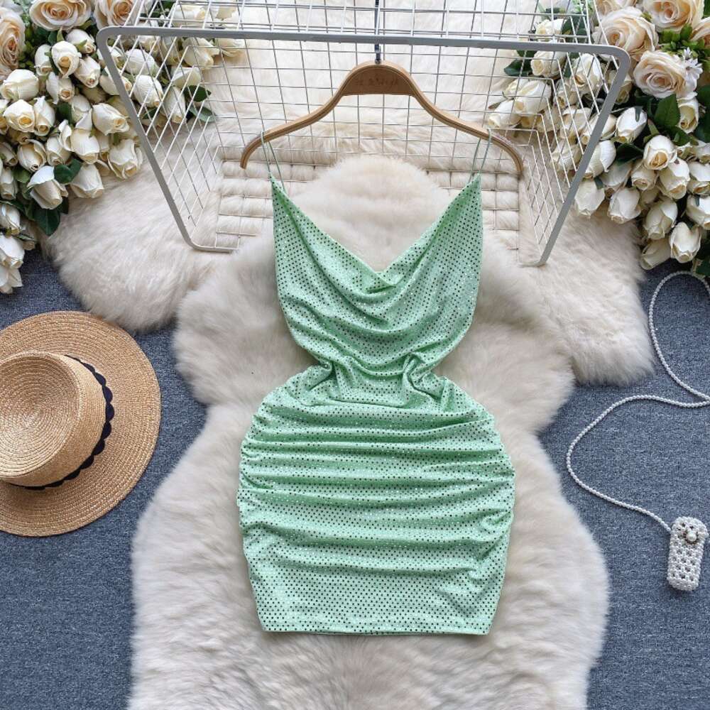 Nightclub womens light luxury sequin camisole dress womens scheming pleated slim fit short sexy buttocks skirt bottom skirt