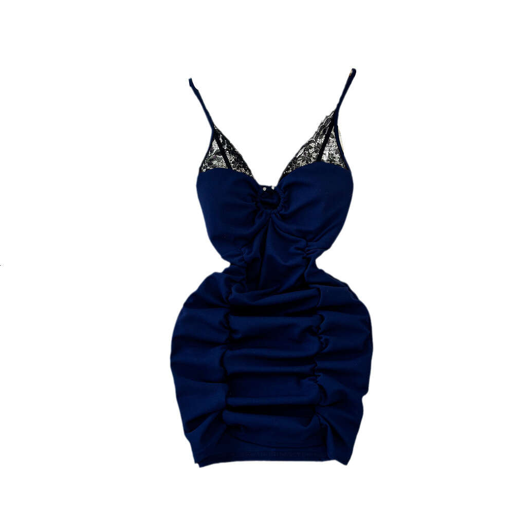 Summer Fashion Sexy V-neck Low cut Lace Splice Tight and Slimming Wrinkle Wrapped Hip Bottom Suspended Dress for Women
