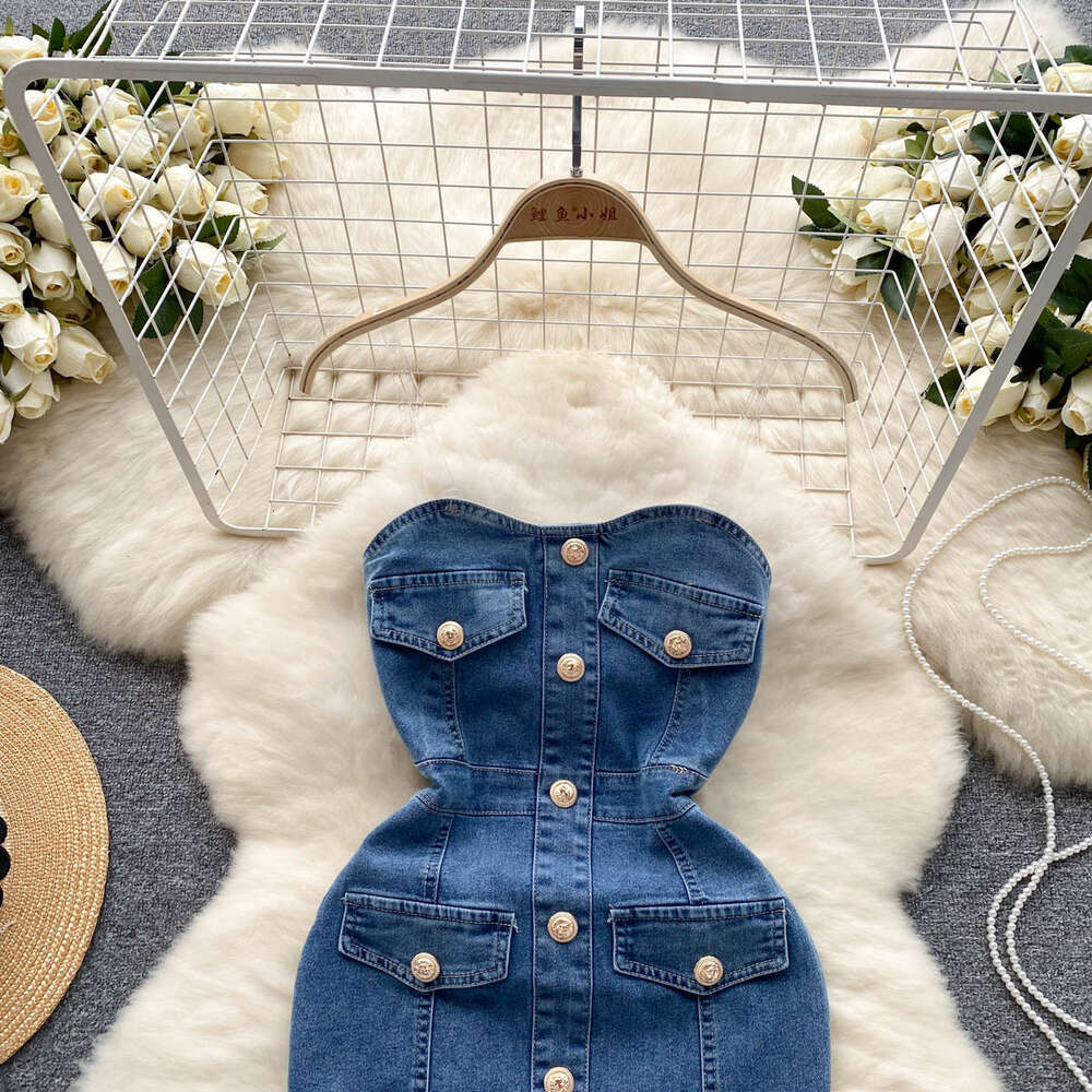 Denim buttocks skirt summer new sexy off shoulder slim fit short and niche design single breasted dress trend