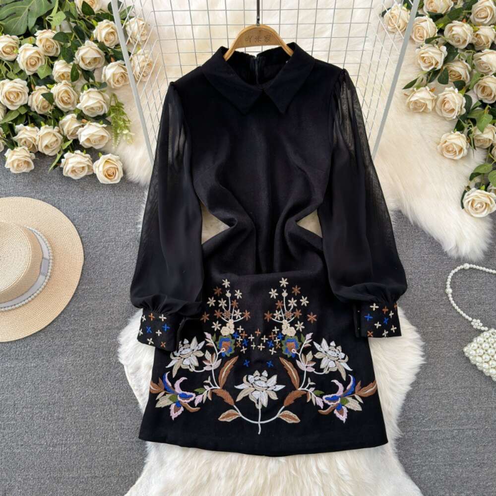 2024 Spring and Autumn Fashion Celebrity Style Long sleeved Polo Neck Waist Wrapped Slim A-line Positioning Printed Dress