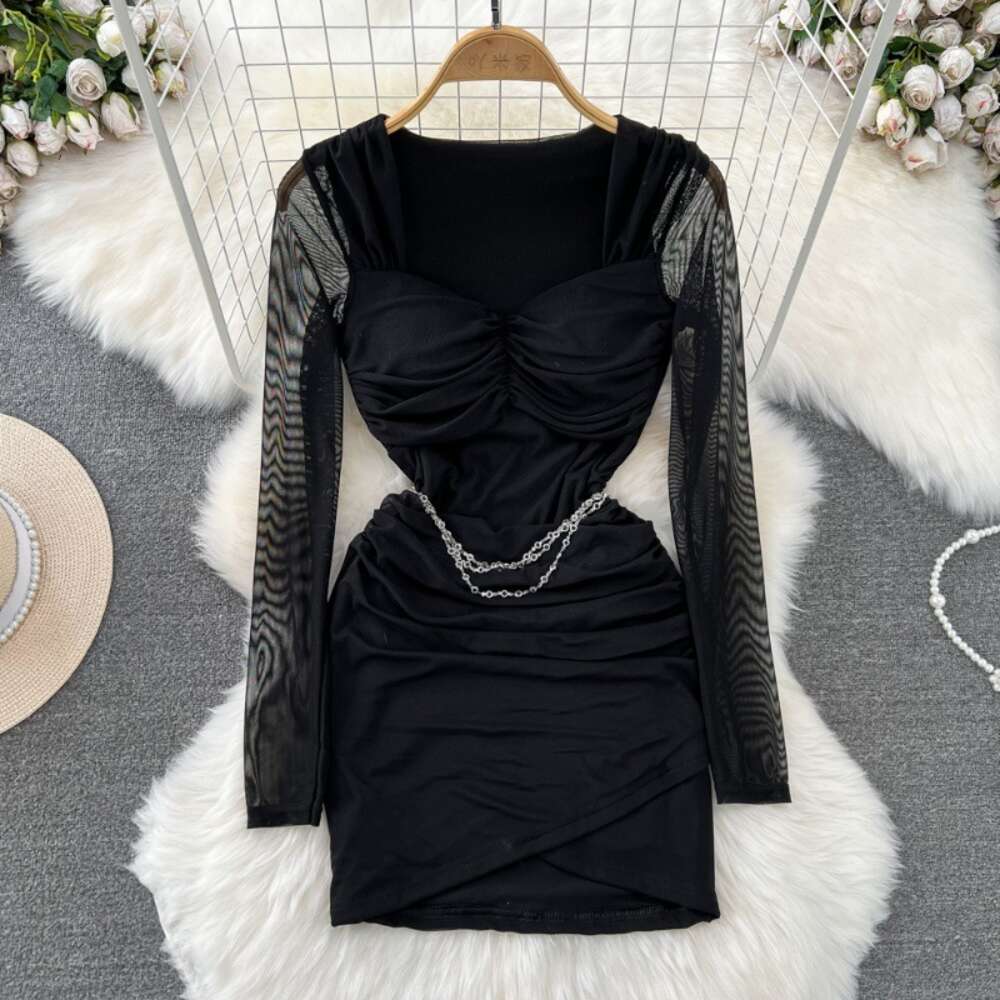 Purely Spicy Girl Sexy Celebrity Temperament Long sleeved Square Neck Waist Wrapped Small Short Fold Mesh Wrap Hip Dress