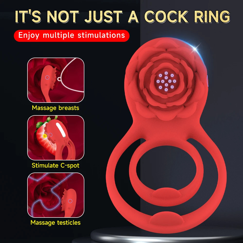 Vibrating Cock Ring with Rose Clitoral Stimulator Delayed Ejaculation Penis Rings Vibrator Couples Adult Sex Toys for Men Women 240603