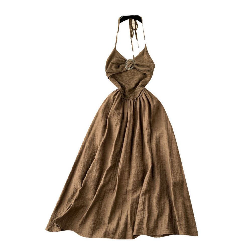Tea break French style dress with a feminine feel backless hanging neck slim fit medium length travel photo vacation dress elegant bottom skirt