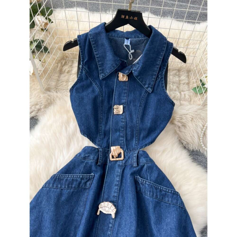 Chic denim dress womens design sense button cut hollow slim fit mid length slit over knee skirt