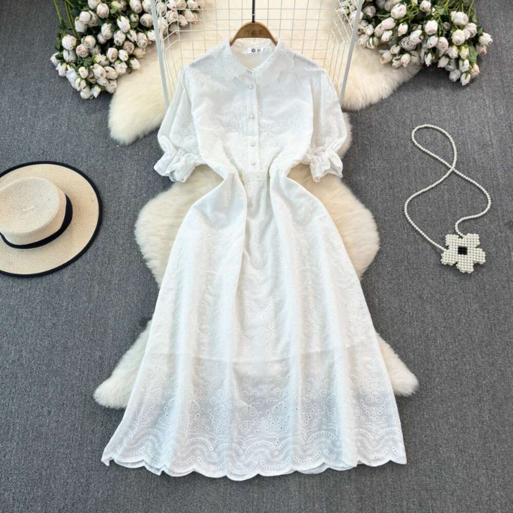 Fashionable and luxurious socialite temperament short sleeved lapel with waistband for slimming effect single breasted A-line hollow embroidered large