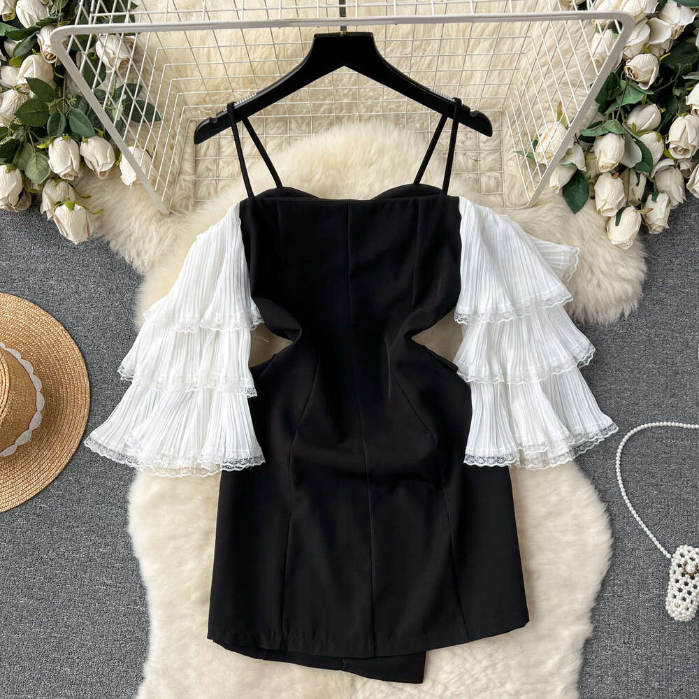 One shoulder strap small black dress for women with socialite style elegant temperament off the shoulder flared sleeves love button up dress dress