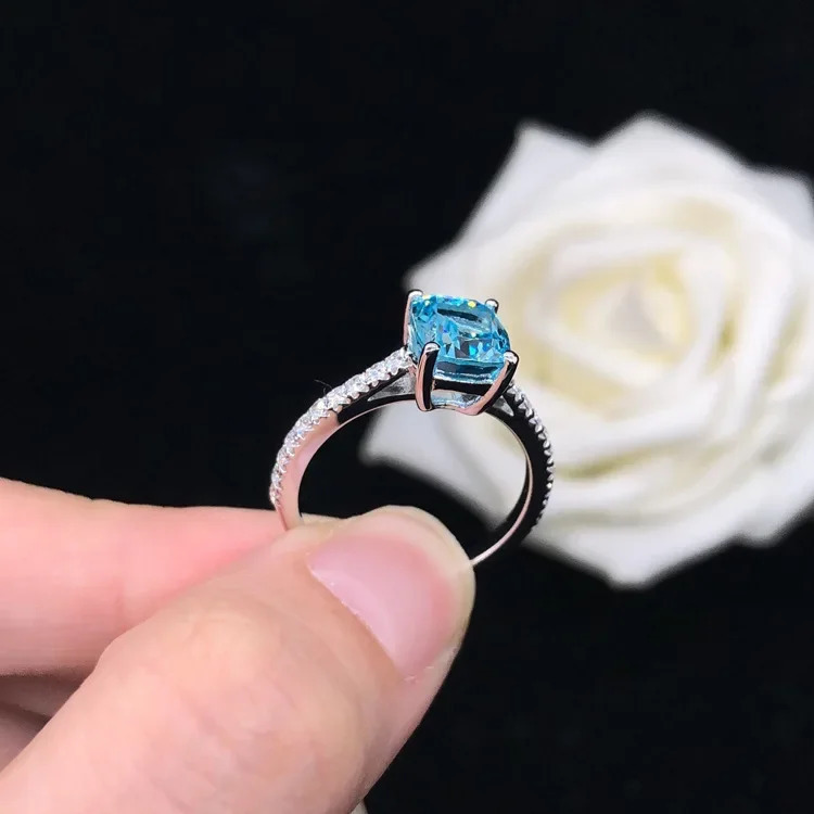 Solid 14K White Gold AU585 Platinum PT950 Simple four claw colorful rectangular aquamarine ring hand jewelry 240601