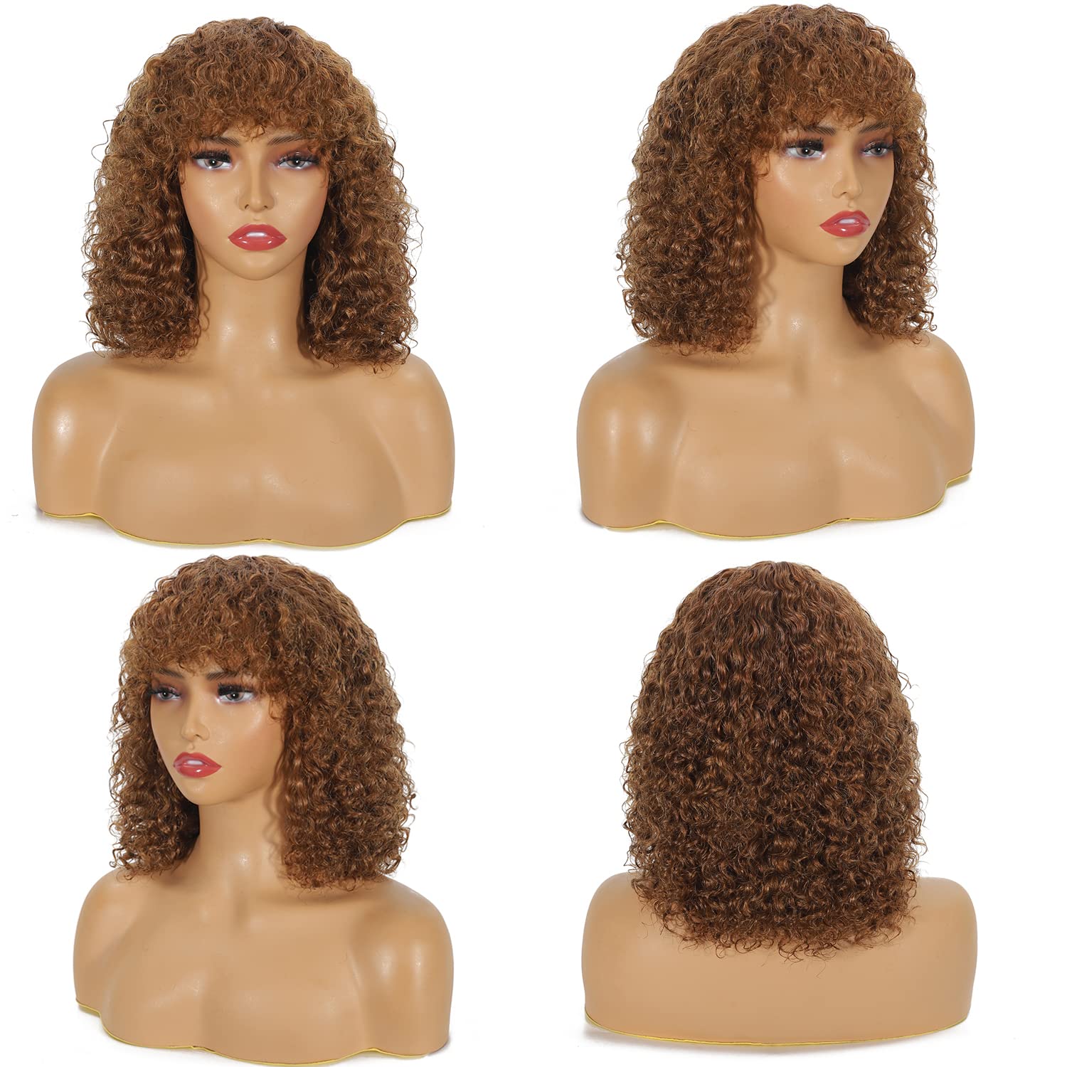 Curly Wig with Bangs Human Hair None Lace Front Glueless Short Kinky Curly Bob Wigs Afro Curly Wigs for Black Women Jerry Curly 200 Density Brown Mach