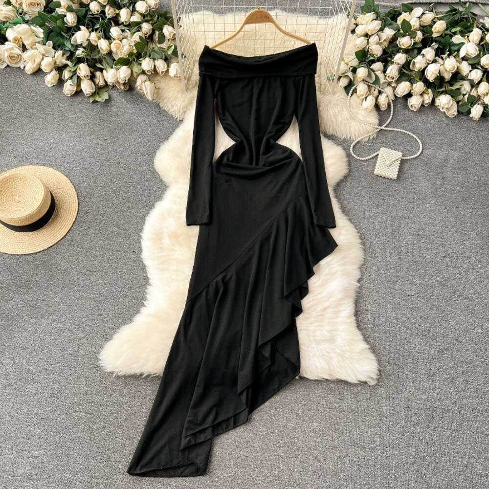 One shoulder dress for women Instagram style pure desire strapless long skirt design irregular slit slim fit skirt