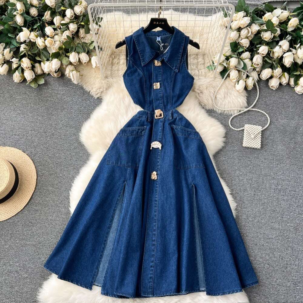 Chic denim dress womens design sense button cut hollow slim fit mid length slit over knee skirt