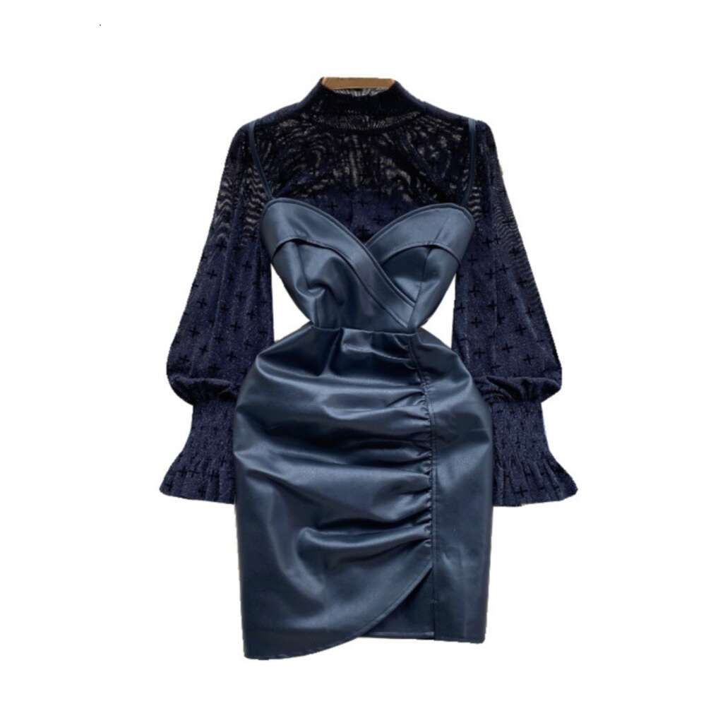 Royal Sister Fan suspender small leather skirt set womens high-end long sleeved mesh bottom shirt+two-piece dress set