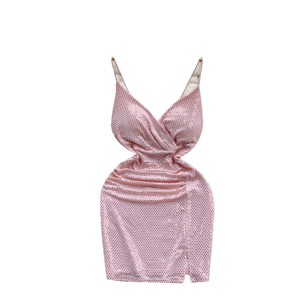 Nightclub womens clothing with scheming pleats slim waist sexy backless V-neck suspender dress light luxury sequin bottom skirt