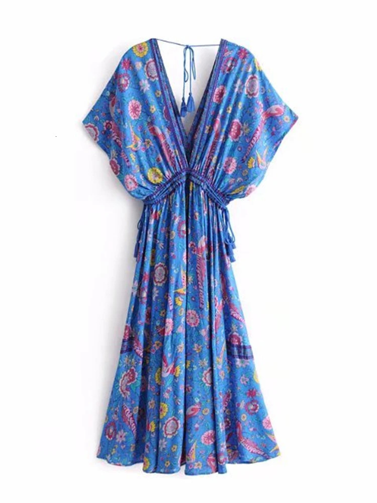 Vintage Chic Women Peacock Floral Print Bat Sleeve Beach Bohemian Maxi Dresses Robe Ladies V-neck Tassel Summer Boho Dress 240529