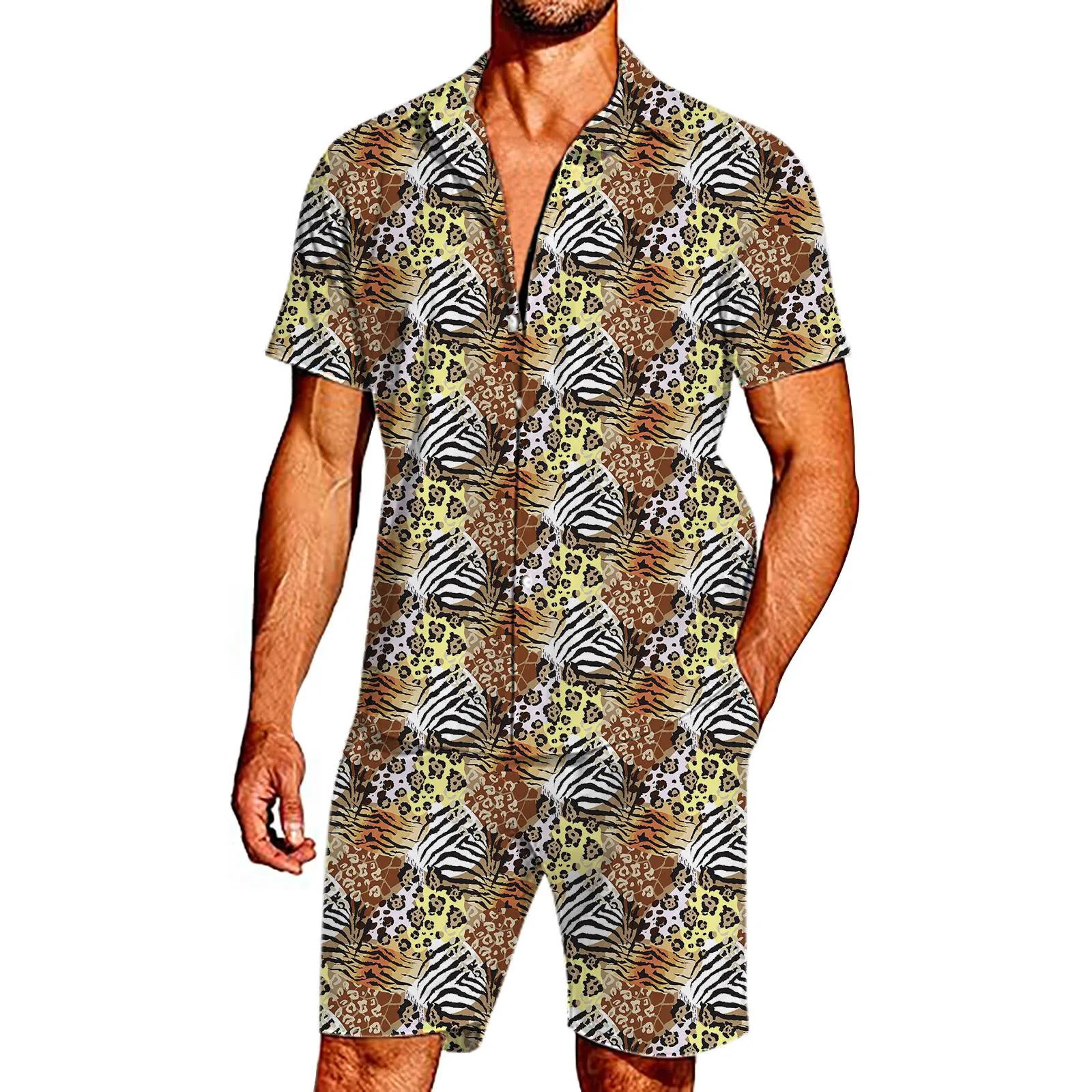 Fashion Summer Mens Tracksuit Short Sleeve Shirt Set Leopard Print Clothing 2 Pieces Casual Suit Streetwear Outfit 240530
