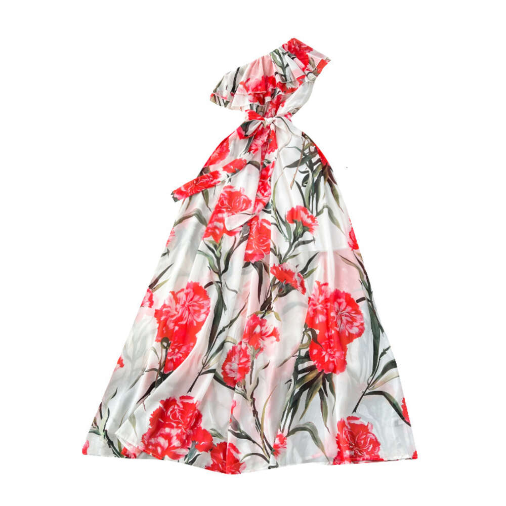 High end vacation dress for women with sexy slanted collar off shoulder ruffled edge slim fit long printed chiffon skirt