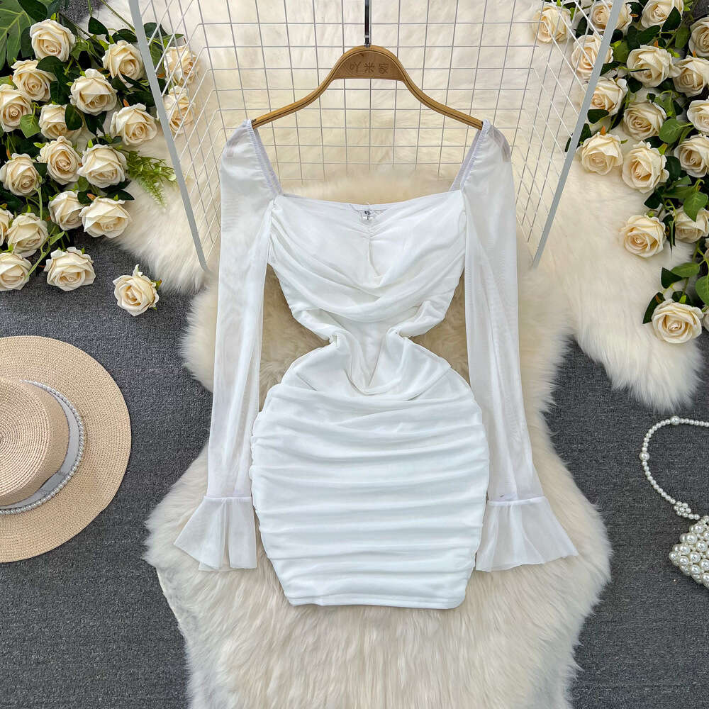 Spring and Autumn Fashion Celebrity Temperament Speaker Long sleeved Square Neck Folded Waist Slimming Short Mesh Wrap Hip Dress