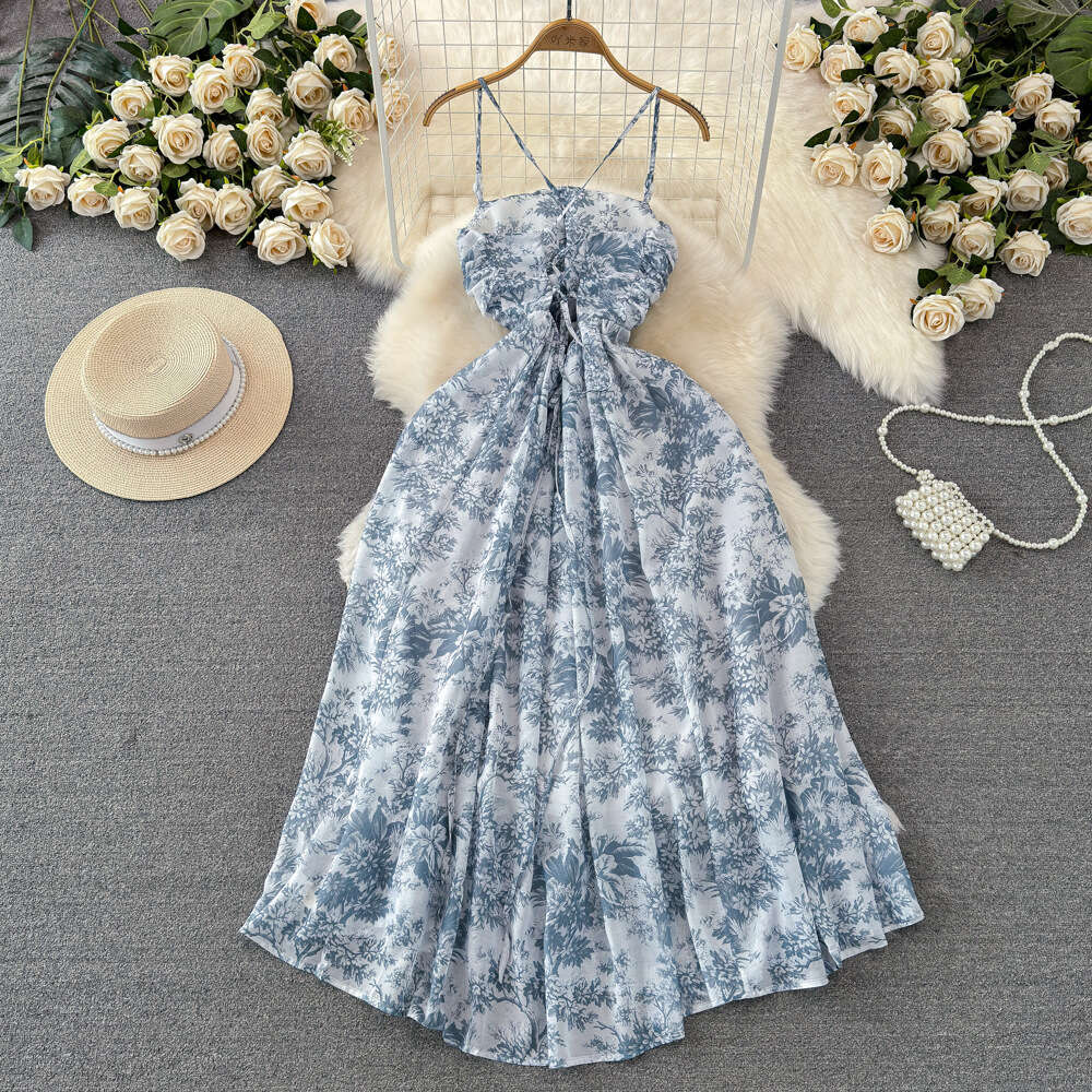 New Chinese ink painting bra waist cinching slimming backless A-line suspender dress seaside vacation long dress