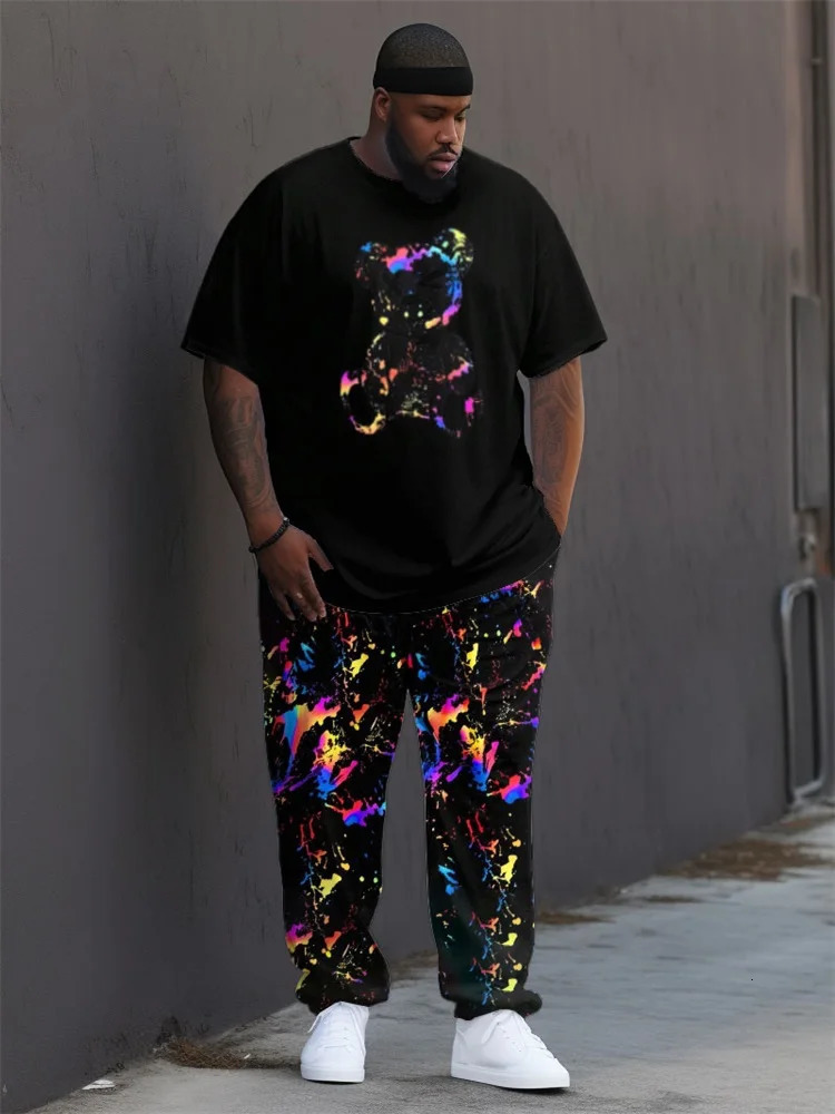 ZOOY L-9XL Mens Suit Cartoon Color Blocking Splash Ink Tie Dye KING Gradient Cute Short Sleeve T-Shirt and Pants Suit 240601