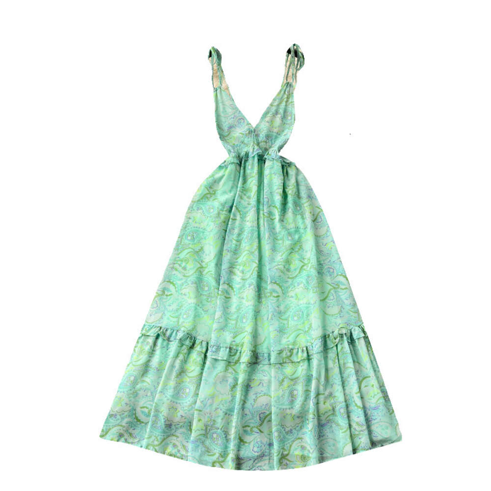 Tourism and vacation style dress feminine V-neck backless print strap skirt French seaside beach long skirt