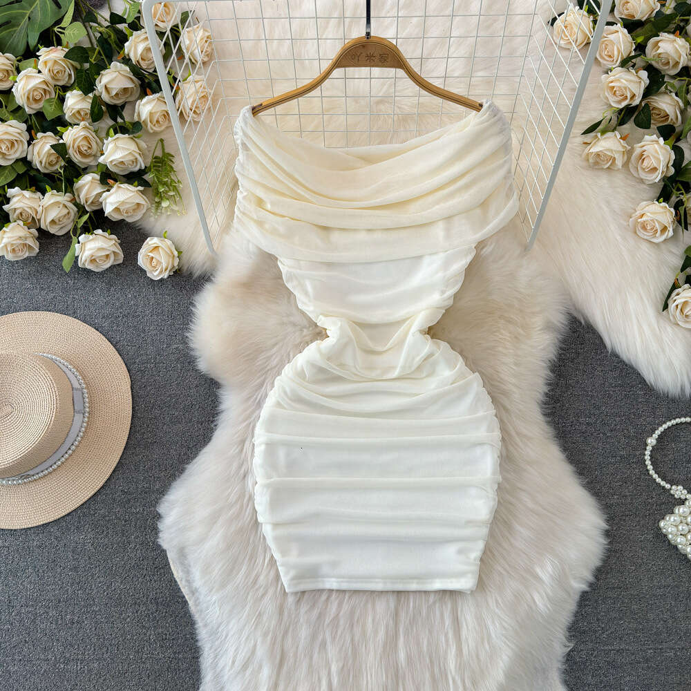 Summer Fashion Celebrity Elegance One Shoulder Off Shoulder Folded Waist Slim Wrapped Hip Mesh Bottom Dress
