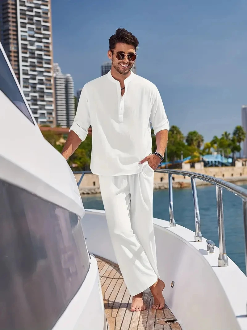 Cotton linen blend retro elegant mens two-piece casual V-neck Henry long sleeved shirt drawstring pants autumn set 240601