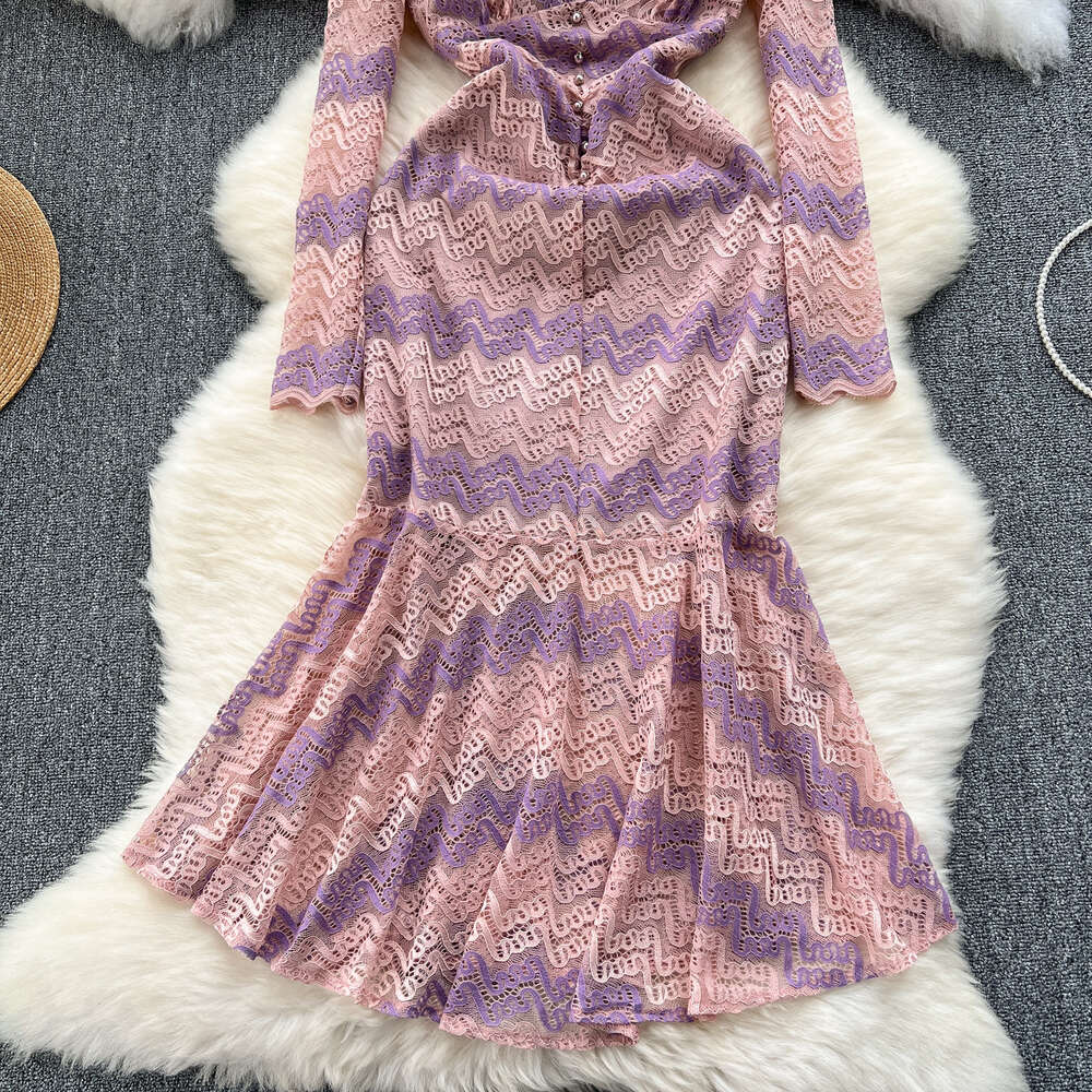 Light mature style womens clothing design with wavy edges V-neck buckle slim fit medium length lace fishtail skirt elegant dress