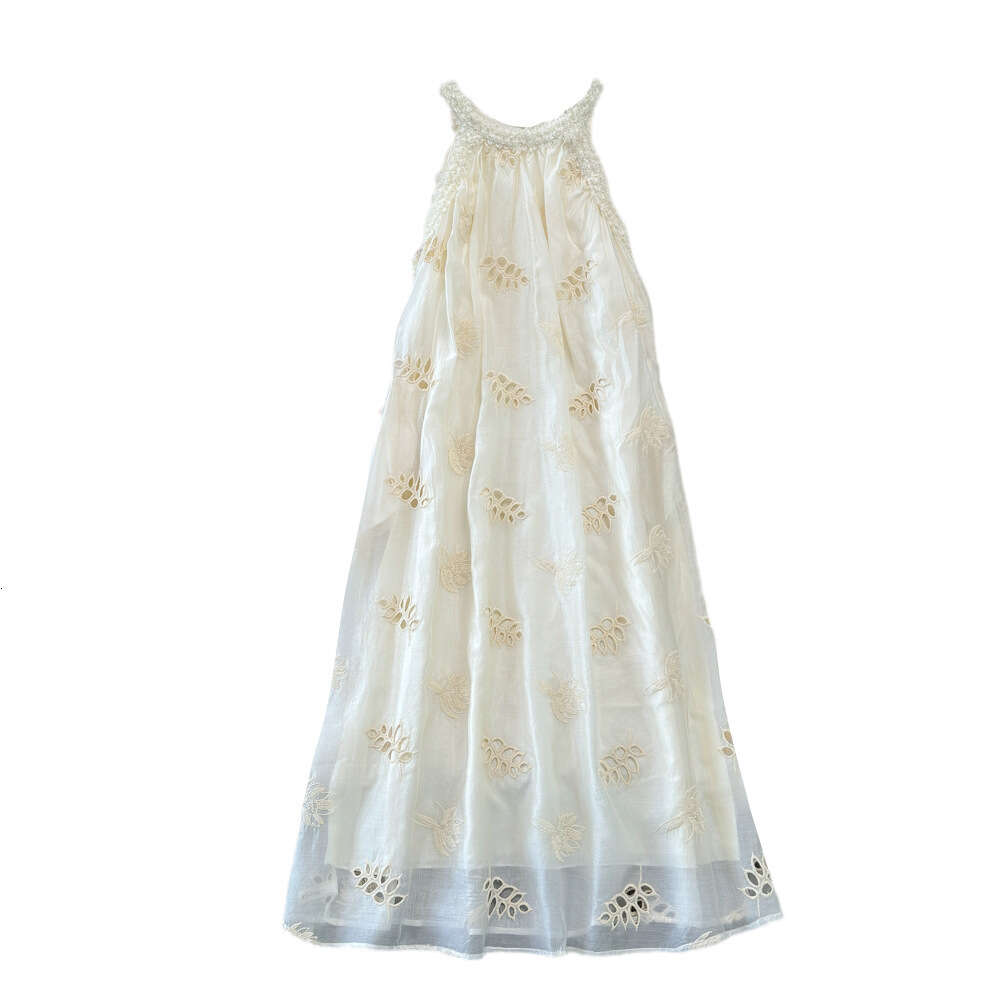 Fashionable and gentle style socialite temperament hanging neck off shoulder loose A-line embroidered dress seaside vacation long dress summer