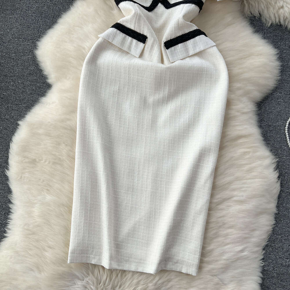Small Fragrant Wind White Dress Womens Design Feeling Contrast Color V-neck Button Slim Fit Mid length Commuting Style Wrapped Hip Skirt