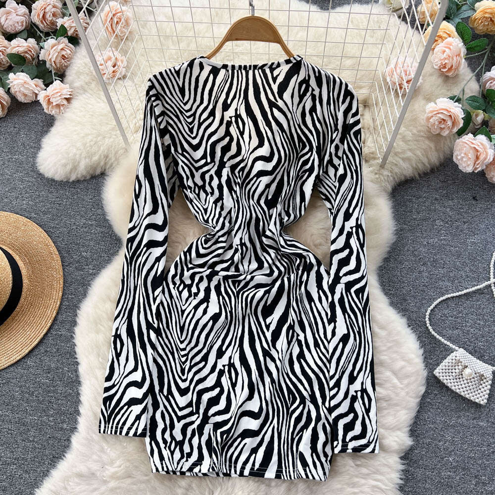 Spring and Autumn Spicy Girl Deep V-neck Hollow Tie Long Sleeve Zebra Print Tight Long Sleeve Wrapped Hip Dress