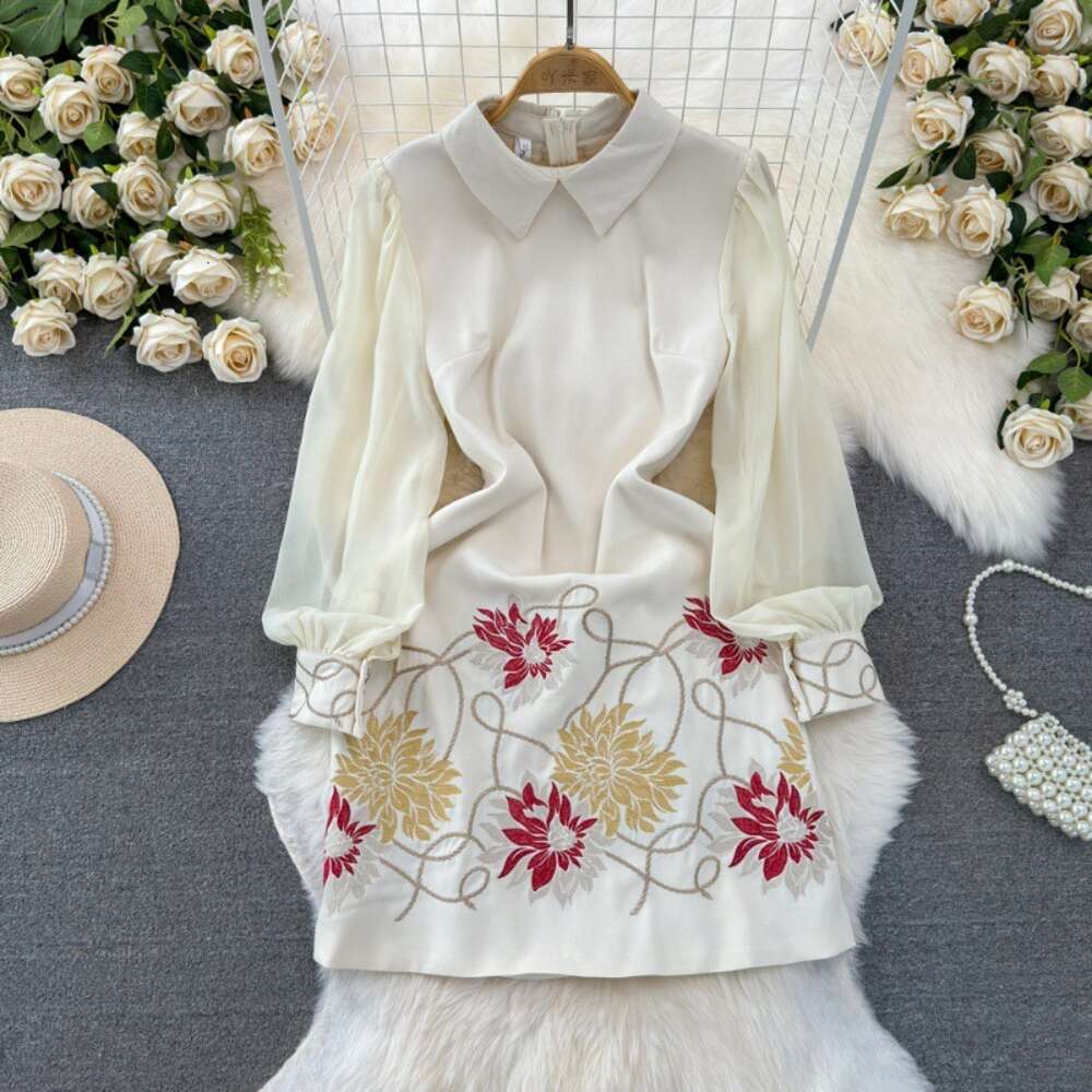 Fashionable and high-end socialite temperament mesh splicing long sleeved lapel waist cinching slimming A-line embroidered dress
