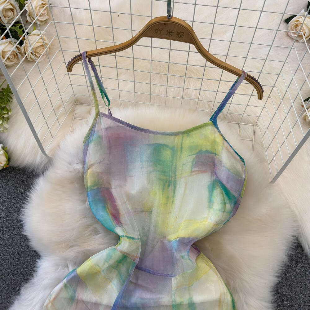 Gentle and sweet strapless waist cinching A-line halo dyed print fishtail strap dress for beach vacation beach dress