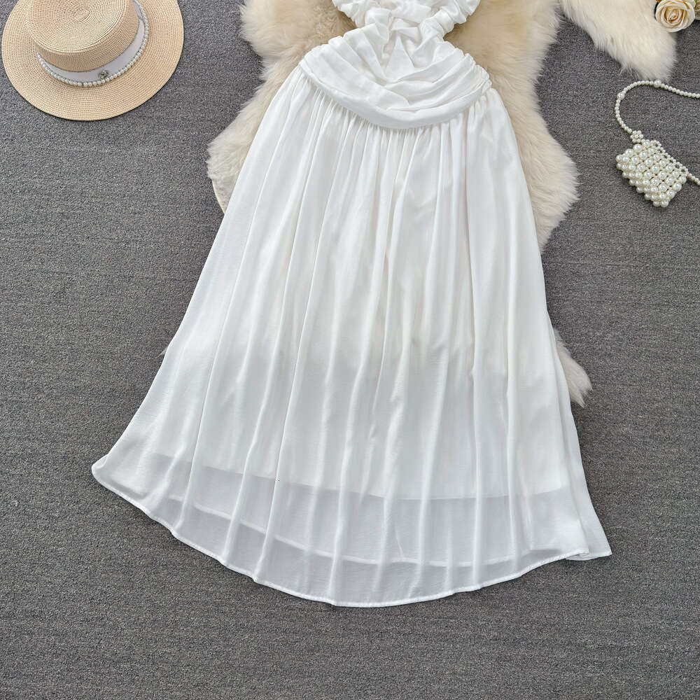 Celebrity temperament strapless neck hanging backless waist closing slimming mid length A-line chiffon dress seaside vacation long dress