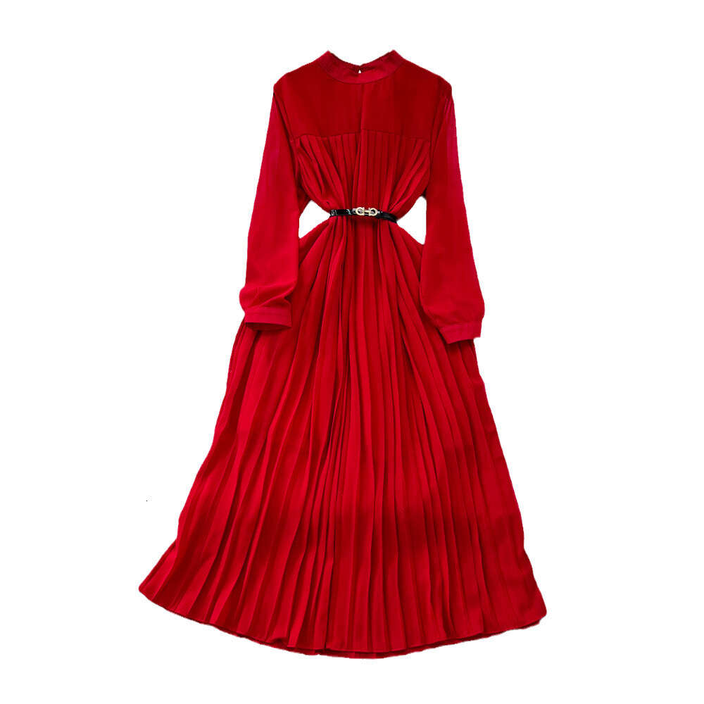 Spring and Autumn Seasons Light Mature Style Celebrity Elegant Long sleeved Standing Neck Waist Wrapped Slim A-line Hundred Pleated Dress Elegant Long