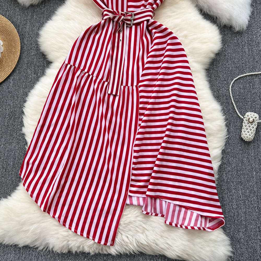 Fashionable striped patchwork dress with round neck sleeveless tie up waist slim and irregular hem elegant skirt