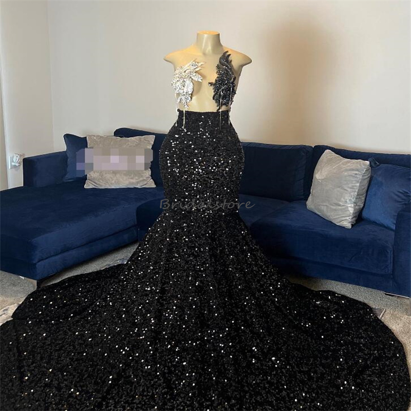 Black Sequin Memaid Prom Dresses 2024 Beaded Crystal See Through Top Plus Size Evening Dress 2024 Shine Formal Dinner Party Gowns Robe De Soiree 2024 