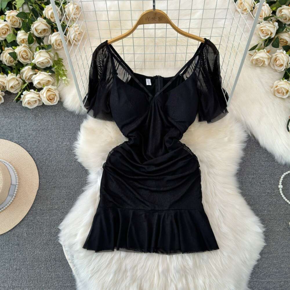 Fashionable and Spicy Girl Sexy Lotus Leaf Sleeves Deep V-Neck Low Chest Waist Slimming Short Style Wrapped Hip Ruffle Edge Mesh Dress
