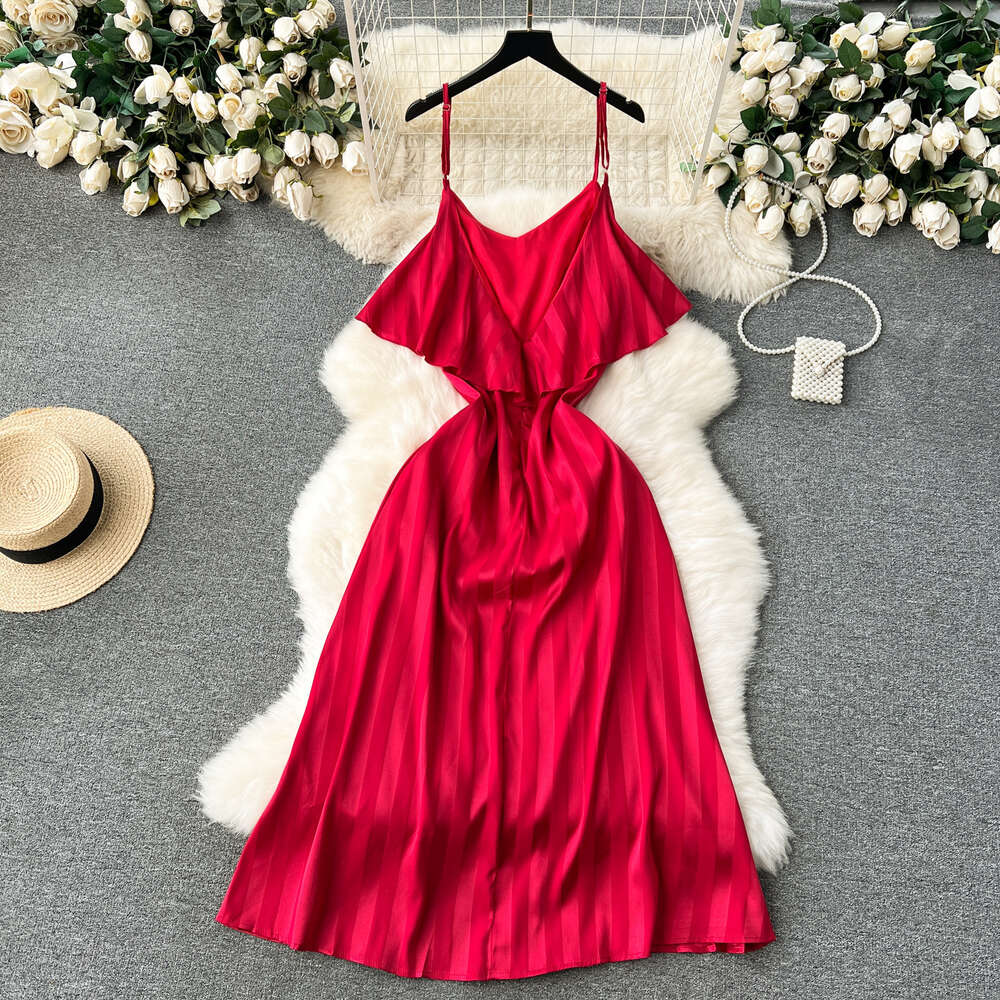 French style suspender dress for women with summer ruffle edge and slit design feeling niche light luxury super fairy like long skirt