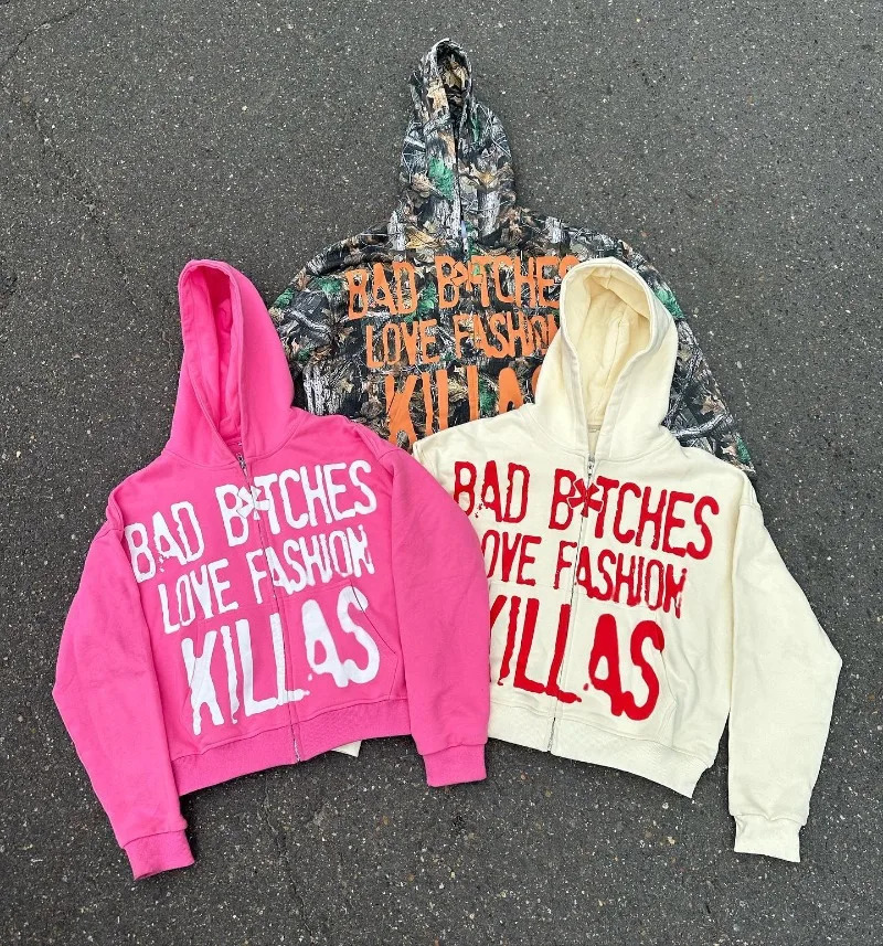 y2k Streetwear Goth Letter Print Oversized Hoodie Women Fashion Casual Loose Harajuku Versatile Zipper Sweatshirt Top 240521