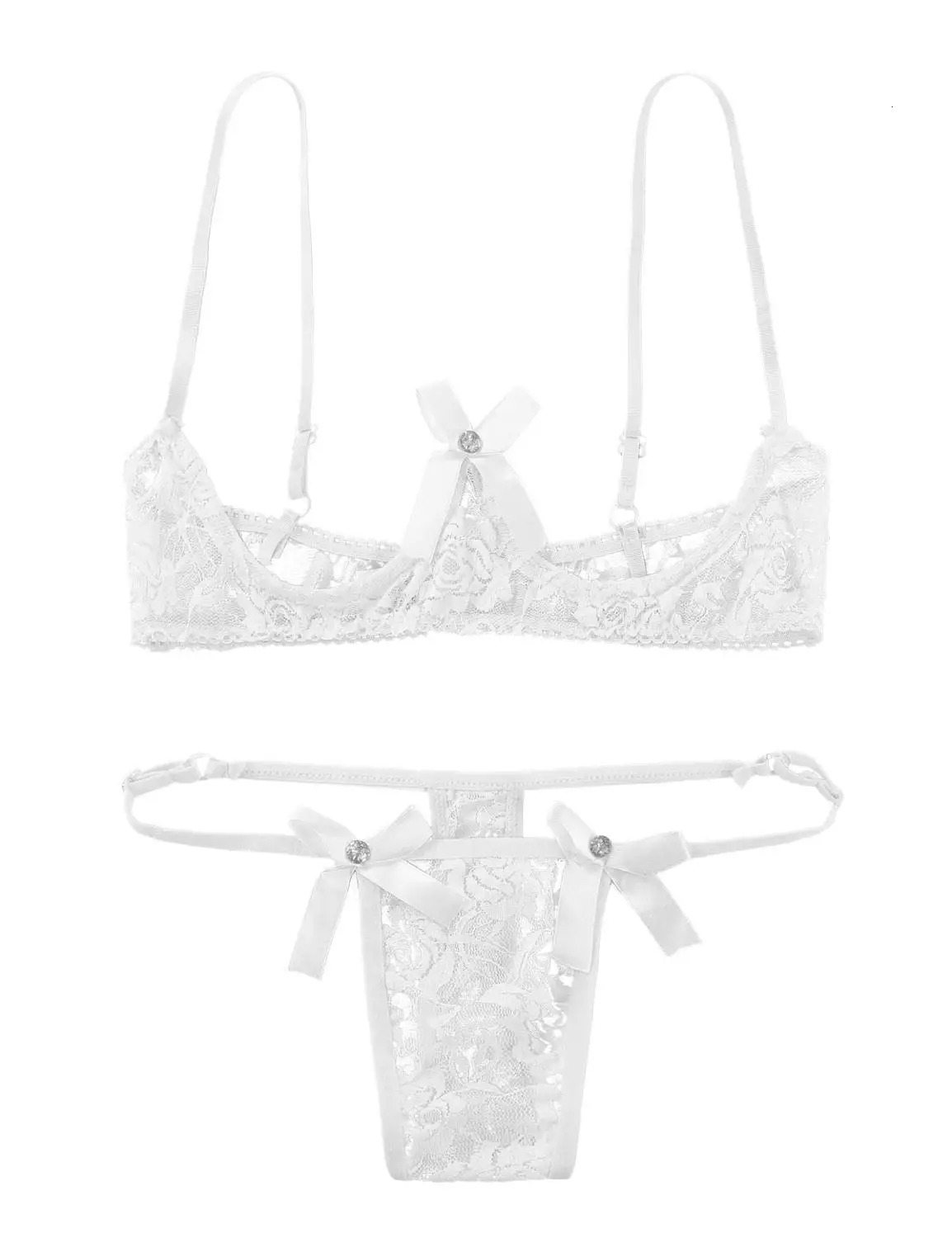 Women Open Cup Bra Top Sexy Cupless Exposed Breasts Underwired Bra with G-string See Through Sheer Lace Sexy Exotic Lingerie Set 240603