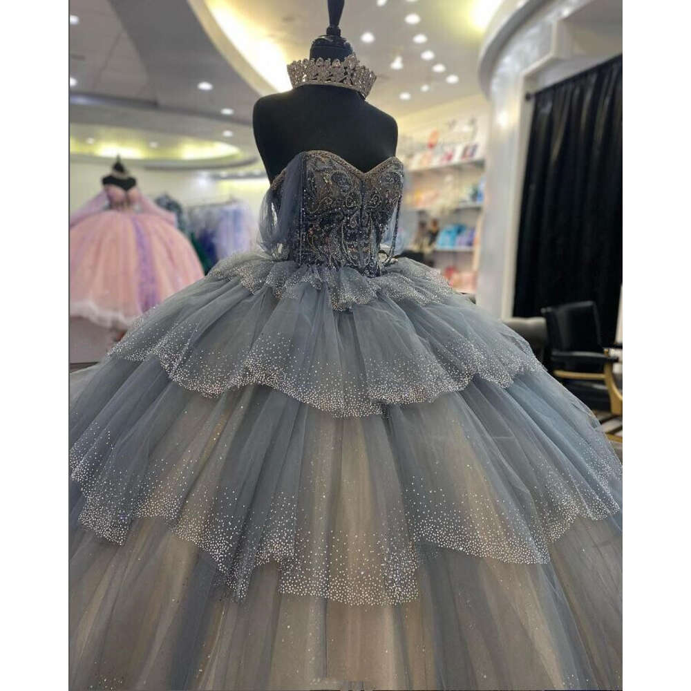 Grey Silver Princess Quinceanera Dresses Sparkly Crystal Beaded Corset Sweet 16 Vestido De 15 Anos Prom 0603