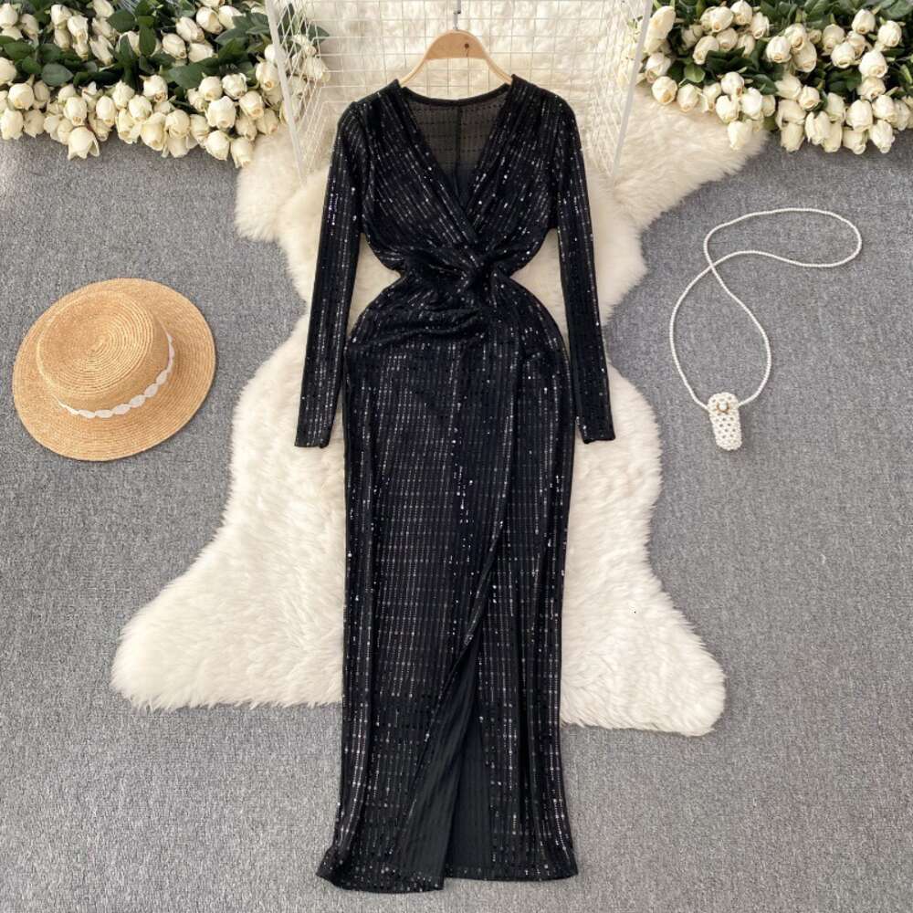 French Light Luxury Celebrity Style Luxury Dress Womens Autumn and Winter V-neck Split Design Small and Super Fairy Long Dress