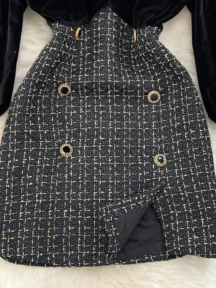 EWQ M-4XL Multi Size Womens Stand Pleuche Tweed Patchwork Contrast Color High Waist Dress Autumn Dresses 27SN3921 240529