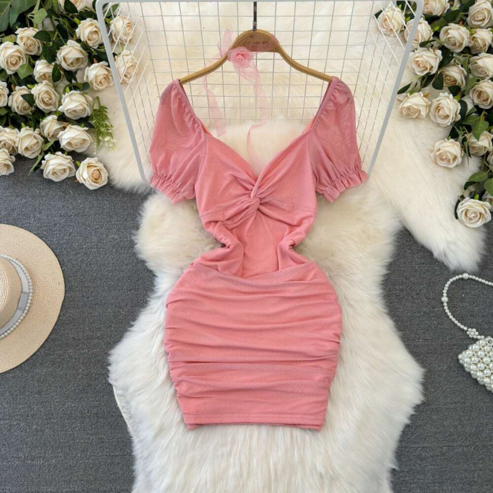 2024 Summer Fashion Pure Desire Sexy Nightclub V-Neck Waist Slimming Short Mesh Wrap Hip Bottom Dress