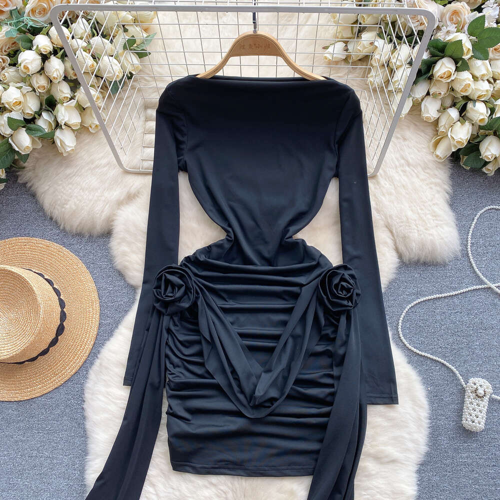 Womens clothing design with three-dimensional floral pleats waist closure slimming effect sexy buttocks wrapped skirt long sleeved dress womens trend
