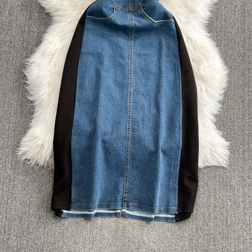 Summer Korean Fashion Fake Two piece Short sleeved Round Neck Waist Slimming Mid length A-line Spliced Denim Dress for Women