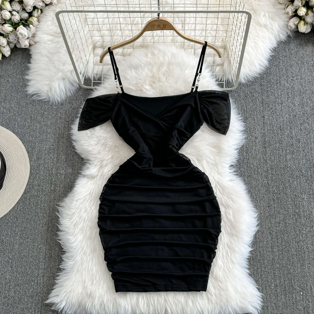 Fashionable Nightclub Sexy One Shoulder Off the Shoulder Bra Strap with Waist Closure for Slimming Wrinkle Short Wrapped Hip Mesh Dress