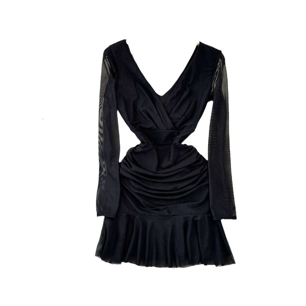 Fashionable Spicy Girl Sexy V-neck Low cut Open Back Waist Slim and Folded A-line Wrapped Hip Ruffle Edge Mesh Dress for Women