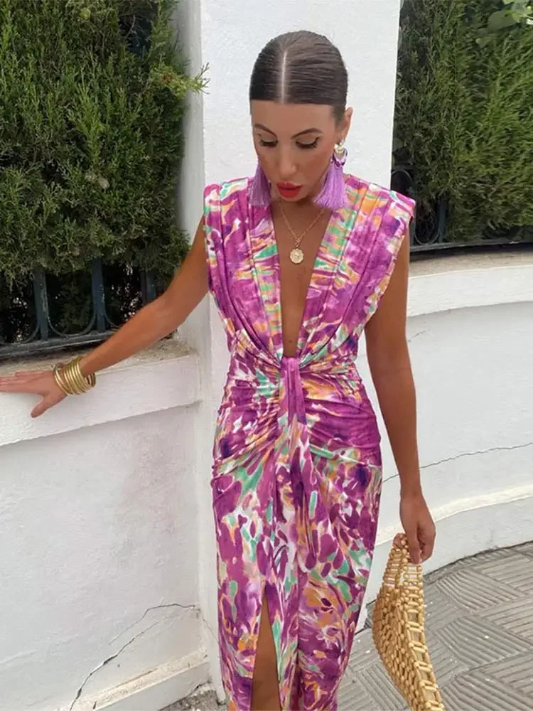 Women Fashion Printed Splited Midi Dress Sexy Deep V Neck Sleeveless Pleated Vestidos Summer Elegant Lady Party Dresses 240603