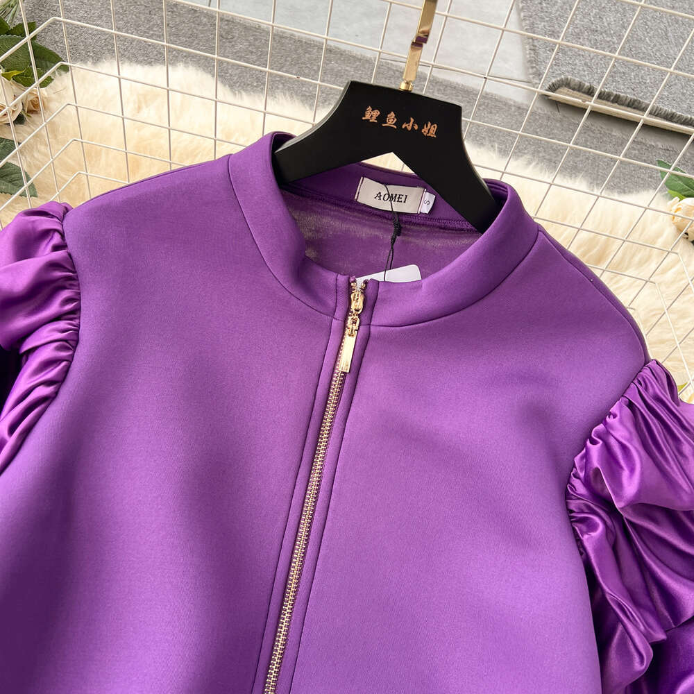 Large size womens high-end satin pleated bubble sleeve design with zippered short style dress